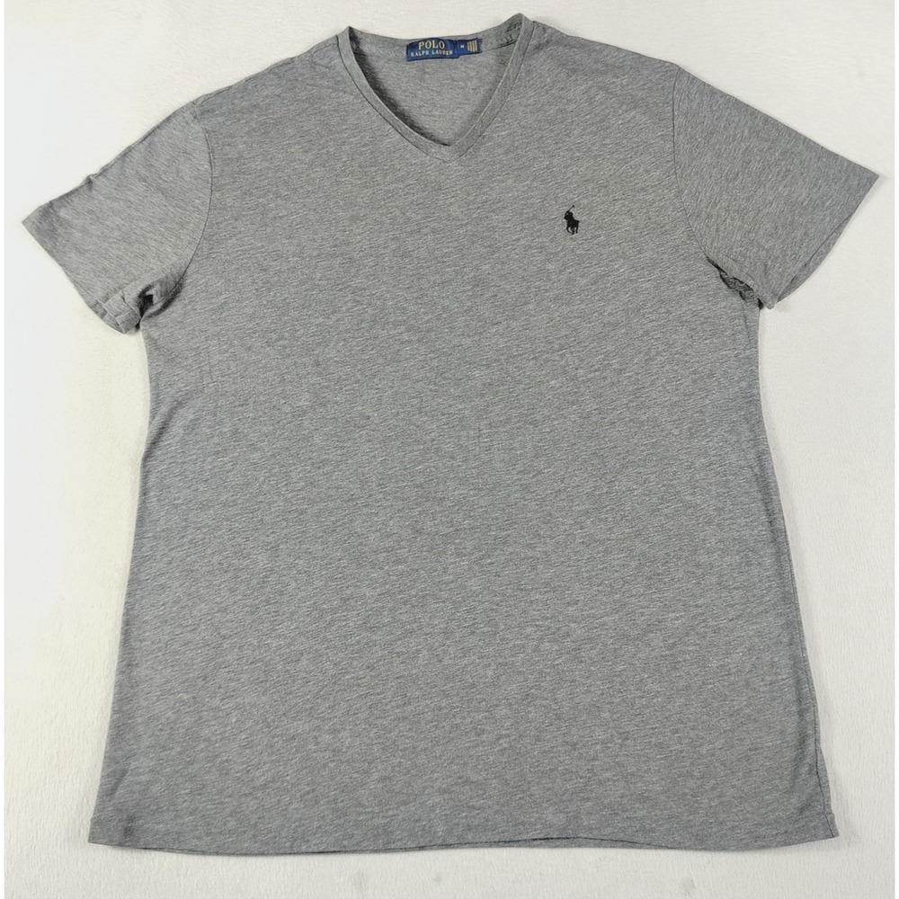 Polo Ralph Lauren Shirt Men Medium Gray V Neck Embroidered Pony Preppy Old Money